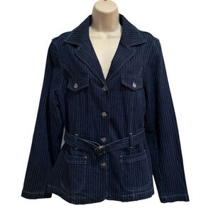 Vintage Sag Harbor Belted Striped Denim Jacket Blue Cotton Spandex Sz 12
